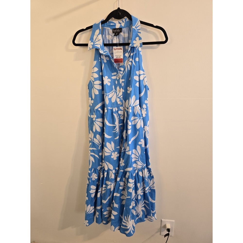 Nicole Miller Linen Blend Blue Floral Midi Dress Large Coastal Grandma Resort - Picture 1 of 4